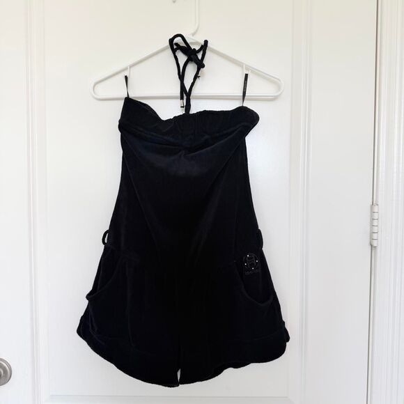 bebe Pants - Vintage Bebe Black Velour Halter Romper - Size M